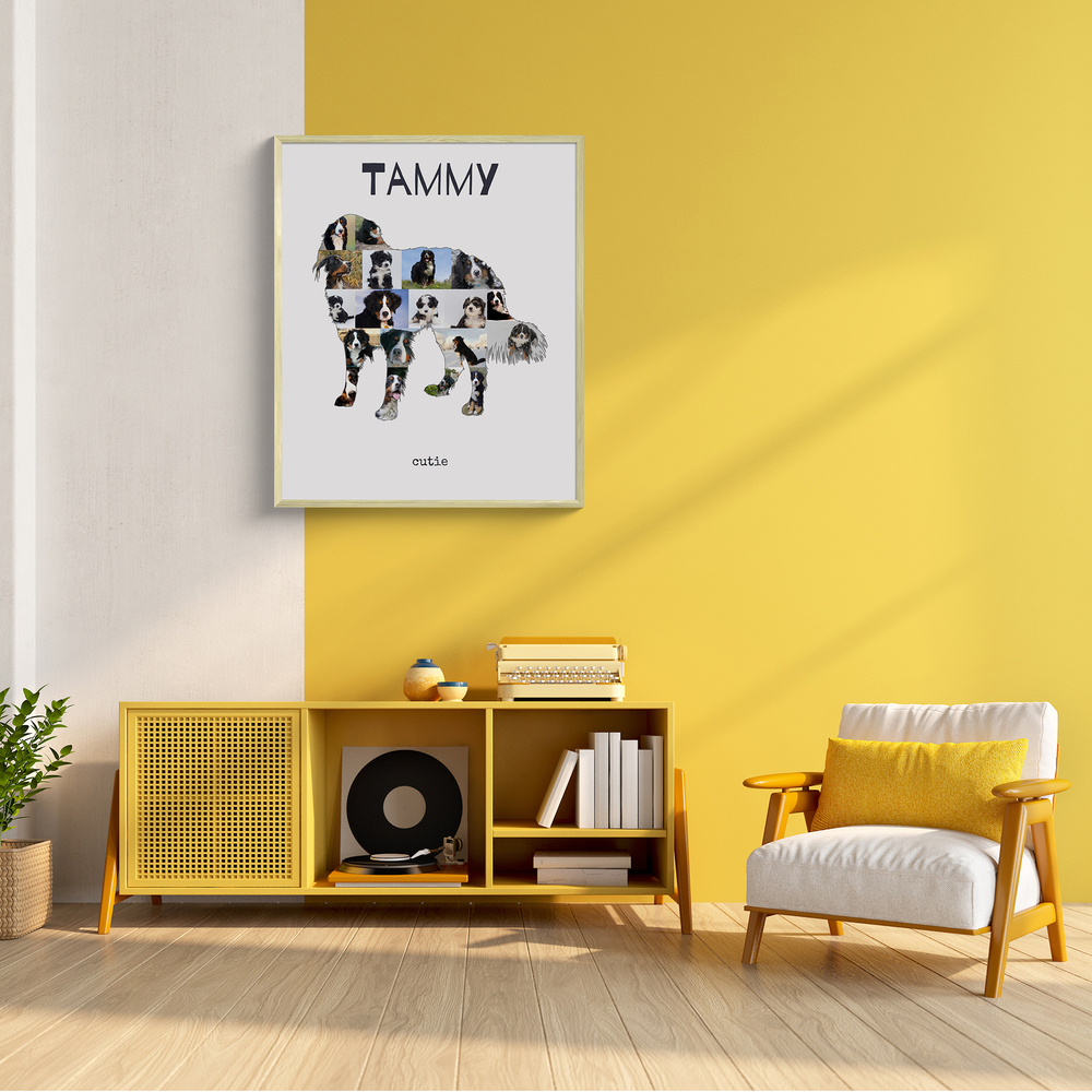 Collage di foto di bovaro del Bernese con nome, in cornice bianca sopra una credenza nel soggiorno con parete gialla