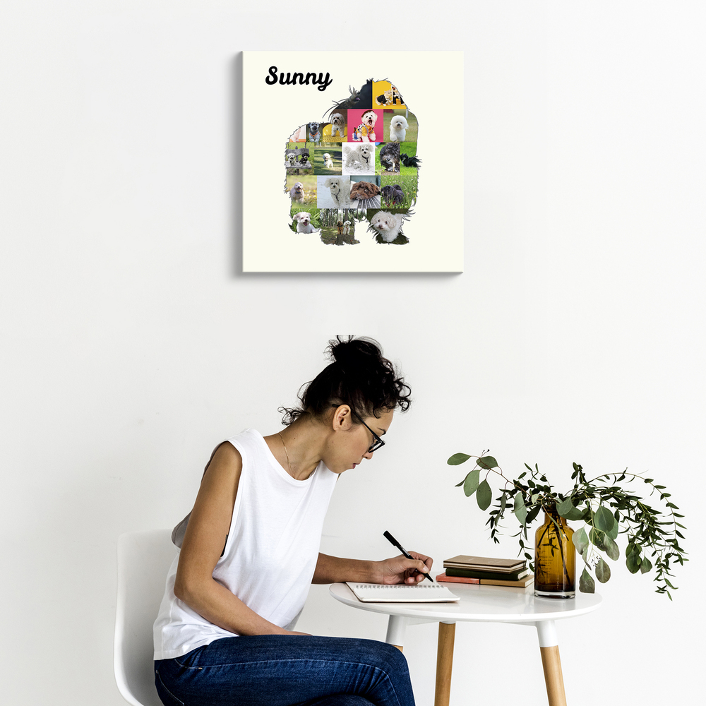 Bolonka-Zwetna-Fotocollage auf Leinwand mit Namen und cremefarbenem Hintergrund an der Wand über einem weissen Tisch