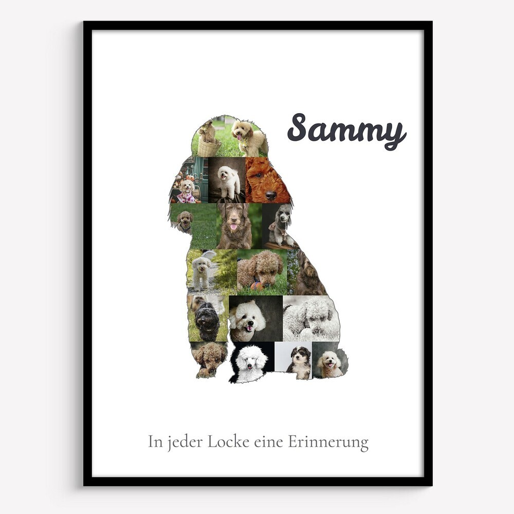 Fotocollage als sitzende Pudel-Silhouette mit Namen und Spruch auf weissem Grund, im schwarzen Rahmen