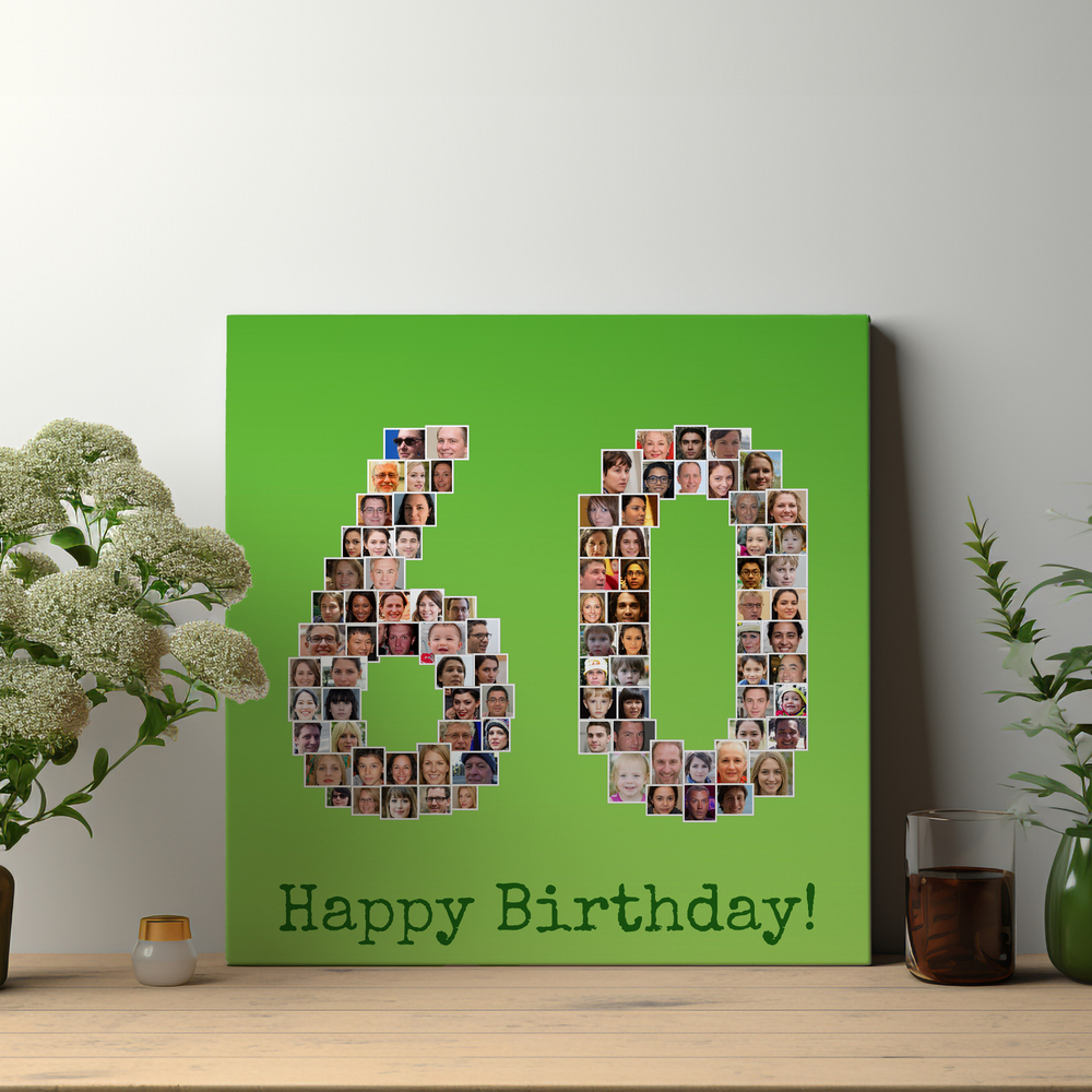 Collage di foto a forma di 60 su alluminio Dibond, accanto ai fiori, come regalo per il sessantesimo compleanno