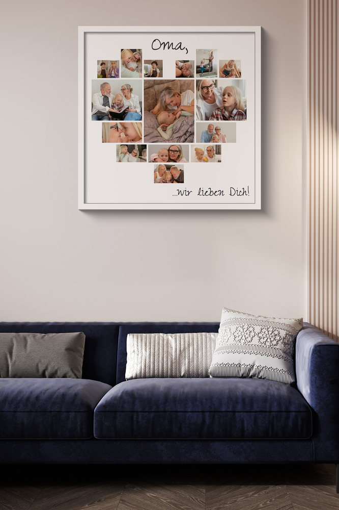 Fotocollage in Herzform mit grossem Mittelfoto und Widmung im weissen Rahmen über dunkelblauem Sofa