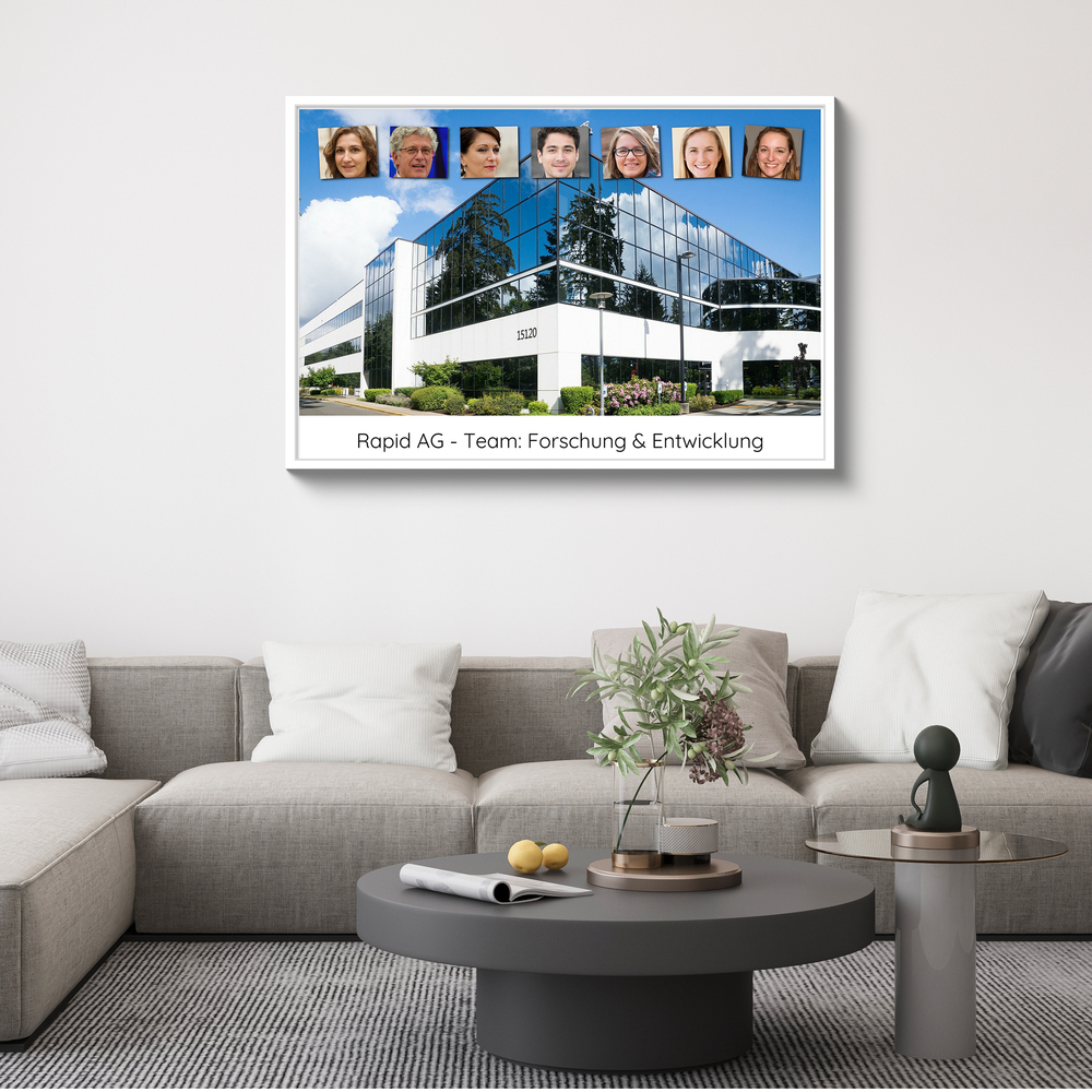 Team-Fotocollage mit Firmengebäude im weissen Rahmen über grauem Sofa, als persönliches Geschenk für Kollegen