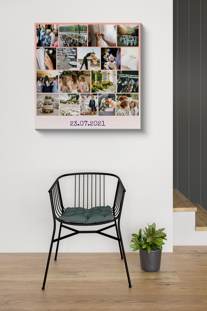 Ungerahmte Hochzeitsfotocollage mit rosa Zwischenräumen und Datum über einem schwarzen Stuhl neben der Treppe