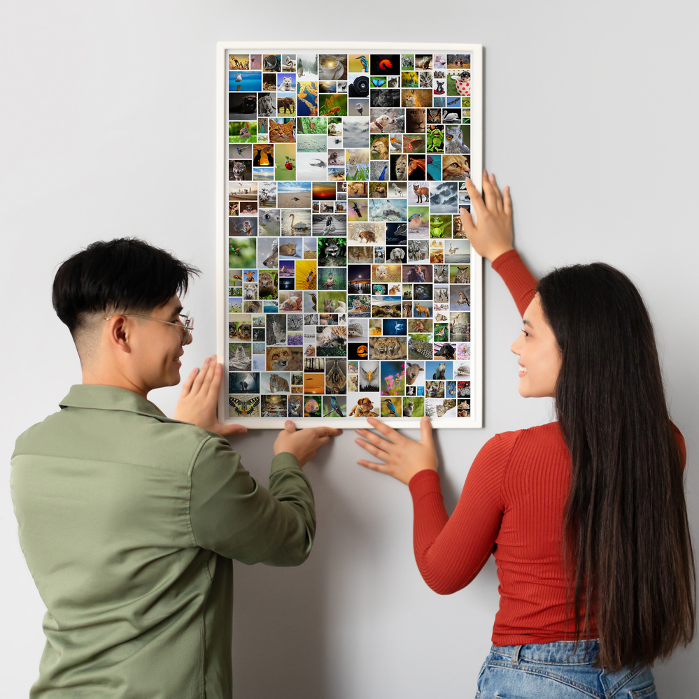 Grosse Fotocollage im Hochformat mit vielen Tier- und Naturfotos, weiss gerahmt an einer hellen Wand