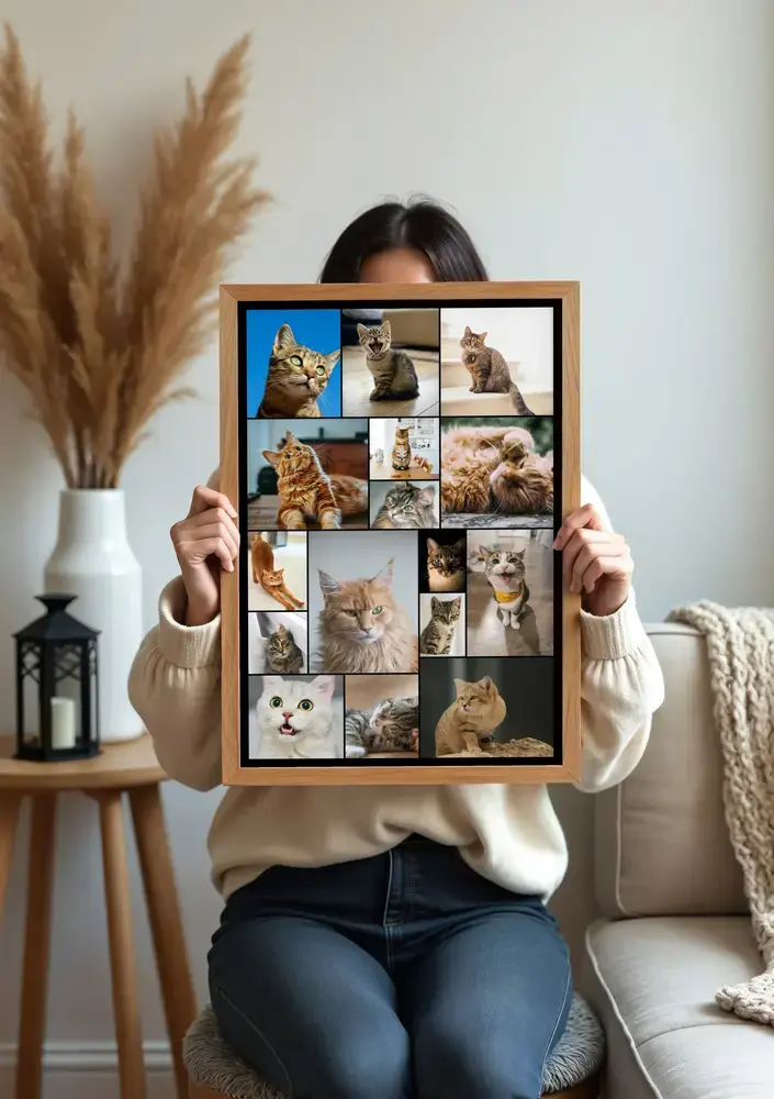 Pêle-mêle de chats vertical encadré en bois, avec des photos de tailles variées, au salon près d'un vase de fleurs séchées