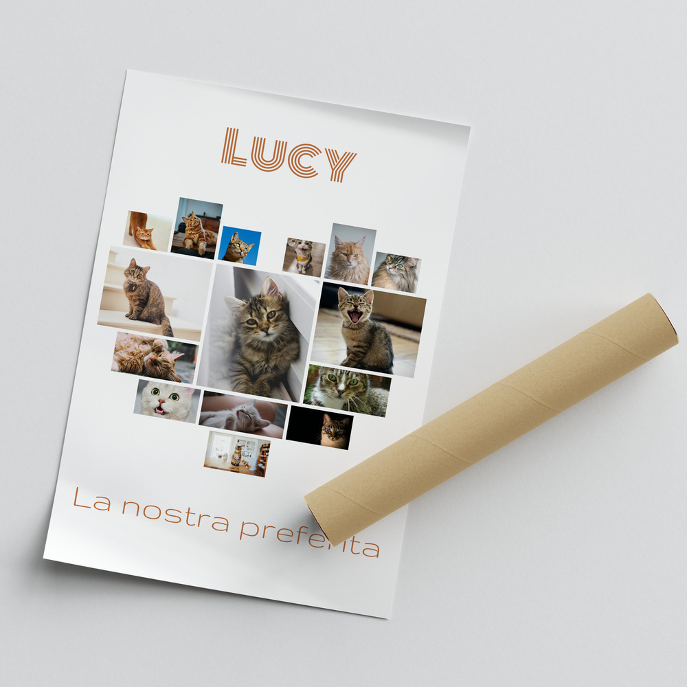 Poster bianco con collage di gatti a cuore, nome e dedica personalizzati, accanto a un tubo di cartone
