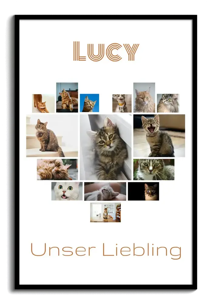 Schwarz gerahmte Herz-Collage aus Katzenfotos auf Weiss, mit individuellem Namen und liebevollem Text