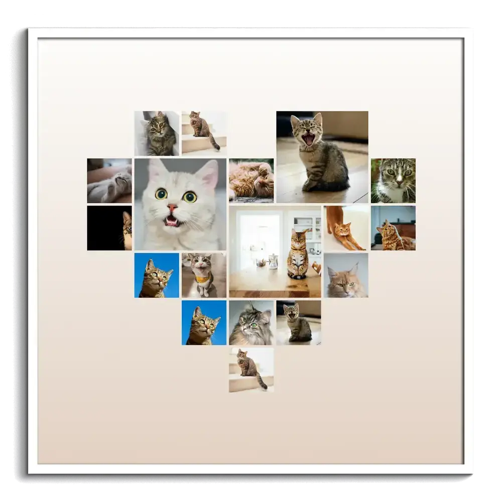 Herzförmige Katzen-Fotocollage auf beigem Verlauf im weissen Rahmen, Geschenk für Katzenliebhaber