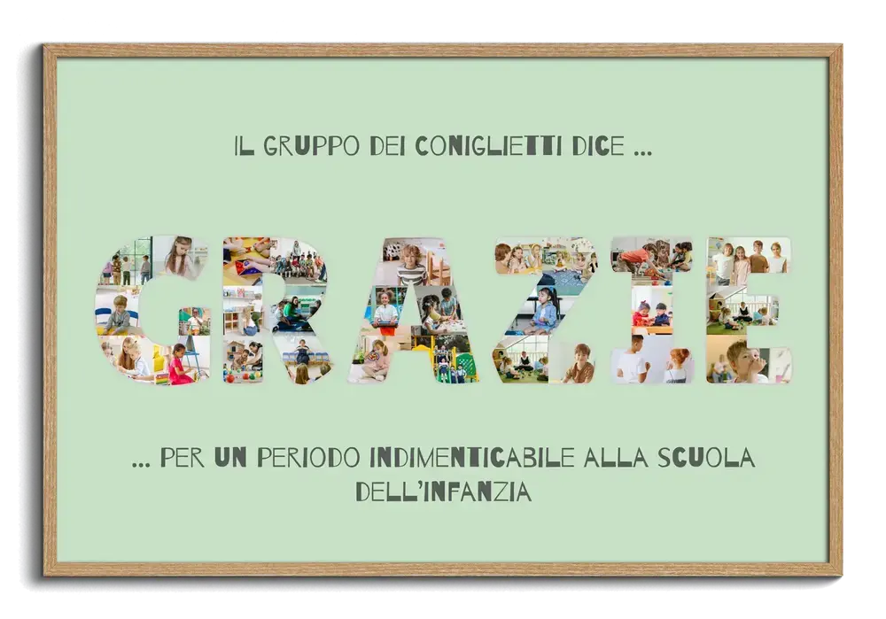 Collage di foto dei bambini a forma di lettere su fondo verde menta, in cornice di legno, regalo per la maestra