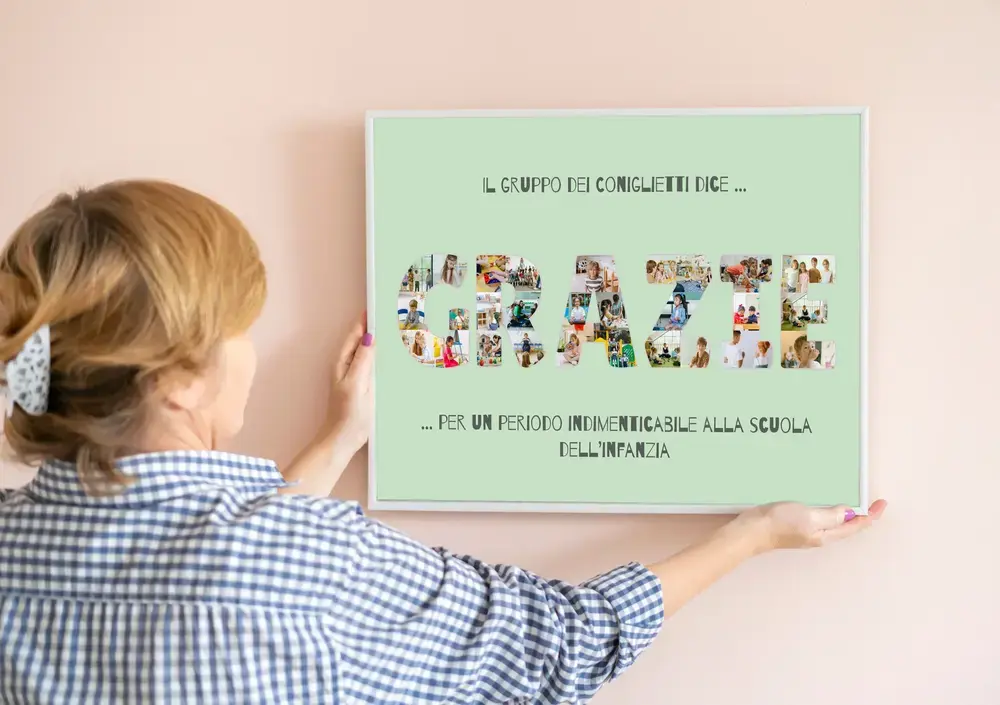 Collage di foto a forma di lettere con cornice bianca su parete rosa, regalo di fine anno per la maestra d’asilo