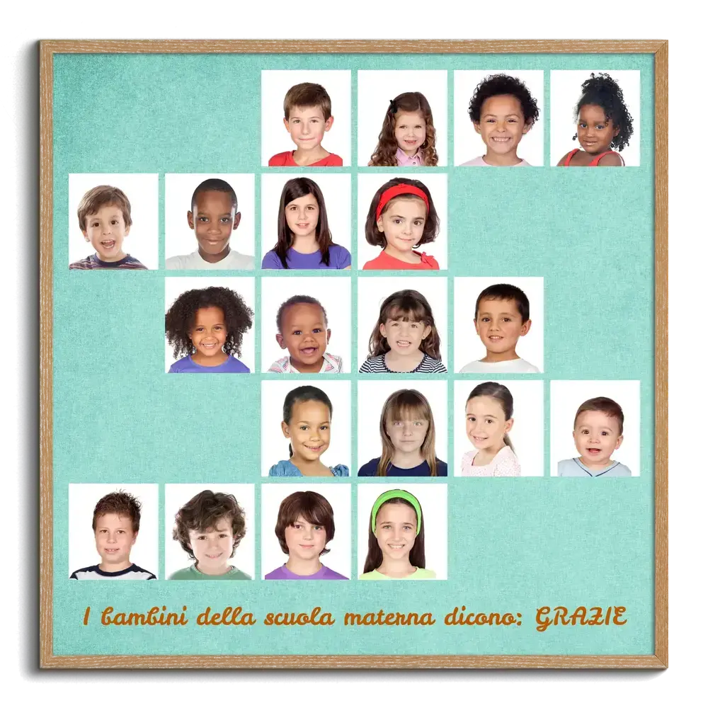 Collage di 20 foto dei bambini su fondo verde menta, con cornice in legno naturale e dedica di ringraziamento