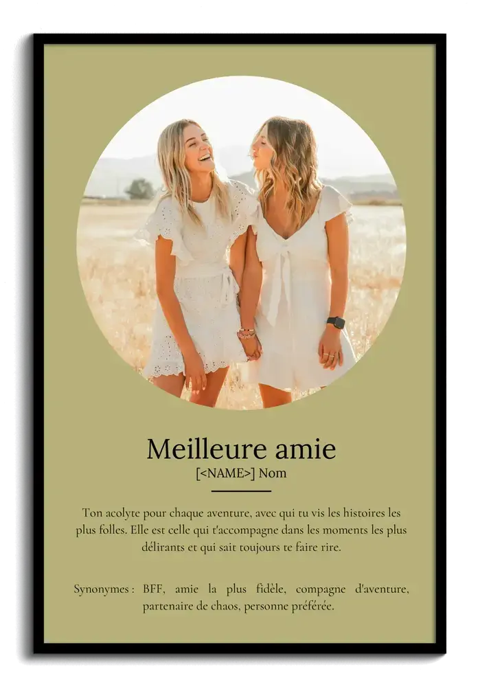 Affiche avec photo ronde de deux amies et texte façon dictionnaire sur fond vert olive, dans un cadre noir
