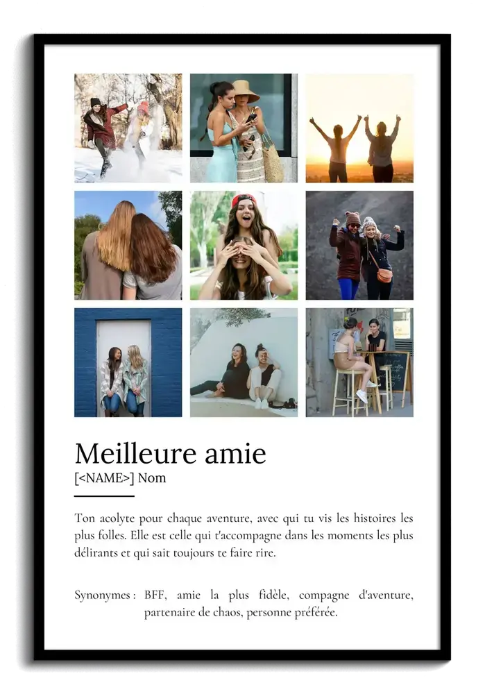 Affiche définition dédiée à l'amitié, avec neuf photos en grille et un texte sous les photos, dans un cadre noir