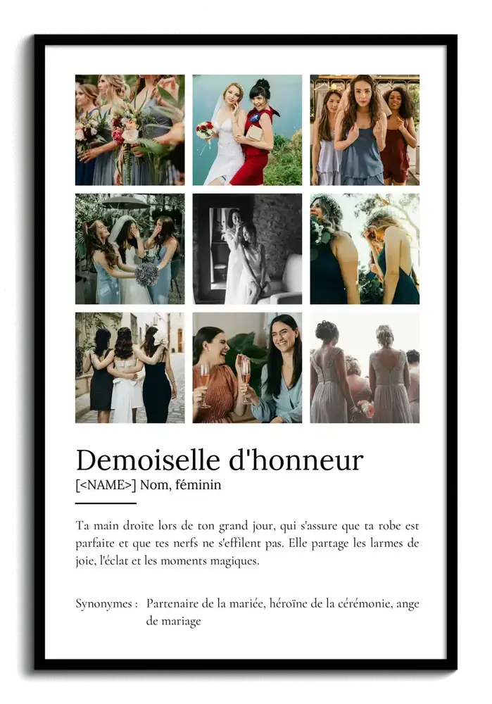 Affiche définition de demoiselle d’honneur avec neuf photos de mariage en grille, dans un cadre noir