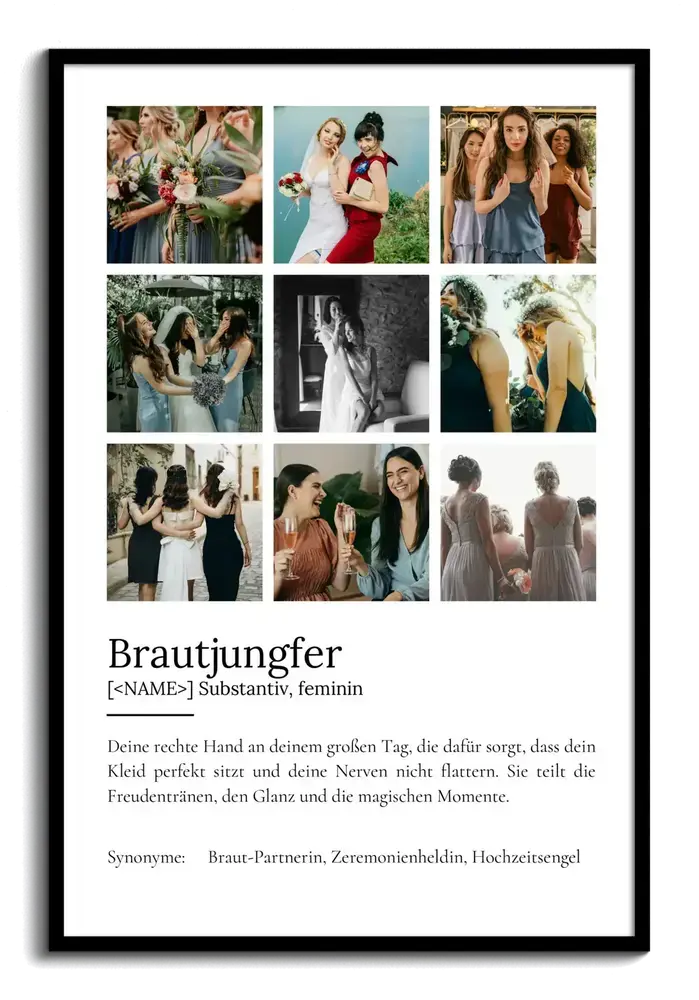 Definitionsposter für die Brautjungfer mit neun Hochzeitsfotos im Raster und Text, schwarz gerahmt
