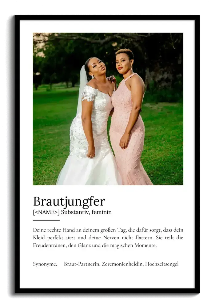Definitionsposter mit Hochzeitsfoto im schwarzen Rahmen als persönliches Geschenk für die Brautjungfer