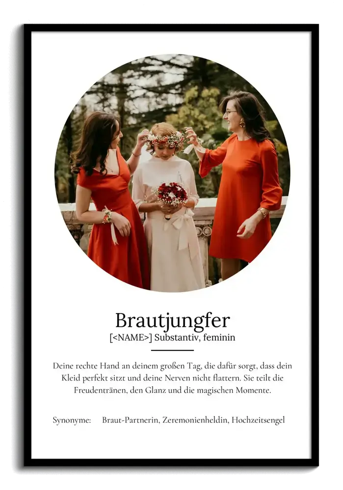 Schwarz gerahmtes Definitionsposter mit rundem Hochzeitsfoto als Dankeschön für die Brautjungfer