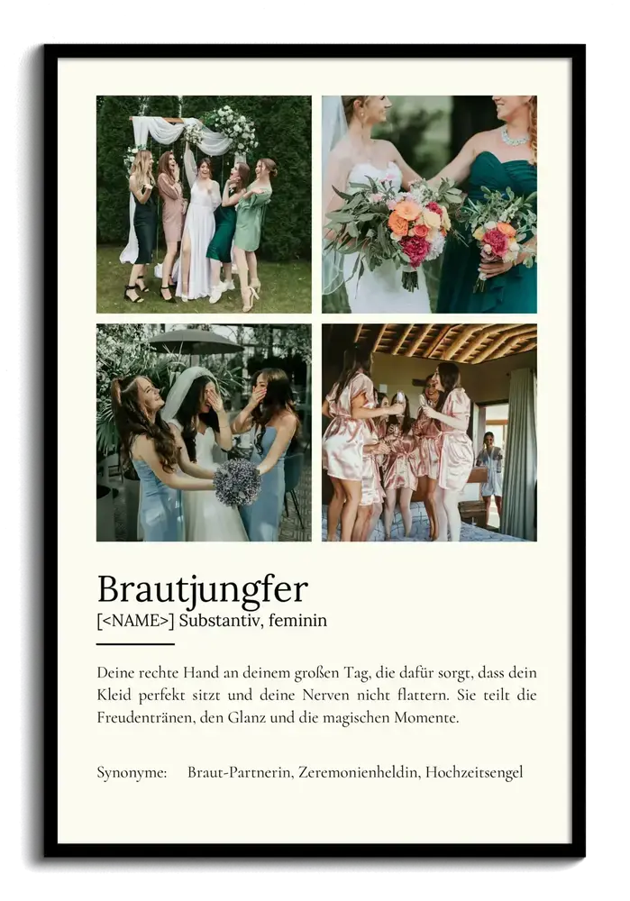 Geschenkidee für die Brautjungfer: Definitionsposter mit vier Hochzeitsfotos im schwarzen Rahmen