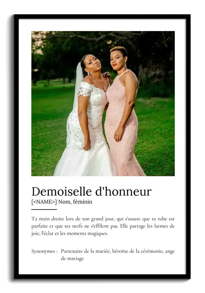 Affiche définition avec photo de mariage, encadrée en noir, en cadeau pour une demoiselle d’honneur