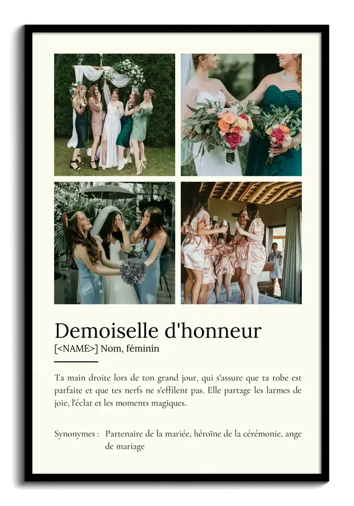 Cadeau pour demoiselle d’honneur : affiche définition avec quatre photos de mariage dans un cadre noir