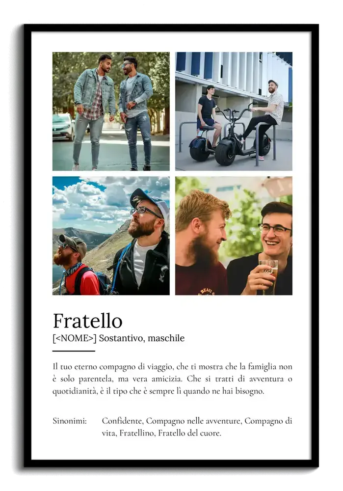 Poster con quattro foto e definizione di fratello in cornice nera, idea regalo di Natale per un fratello