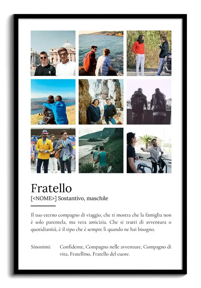 Poster stile dizionario con nove foto in cornice nera, un regalo ricco di ricordi per un fratello