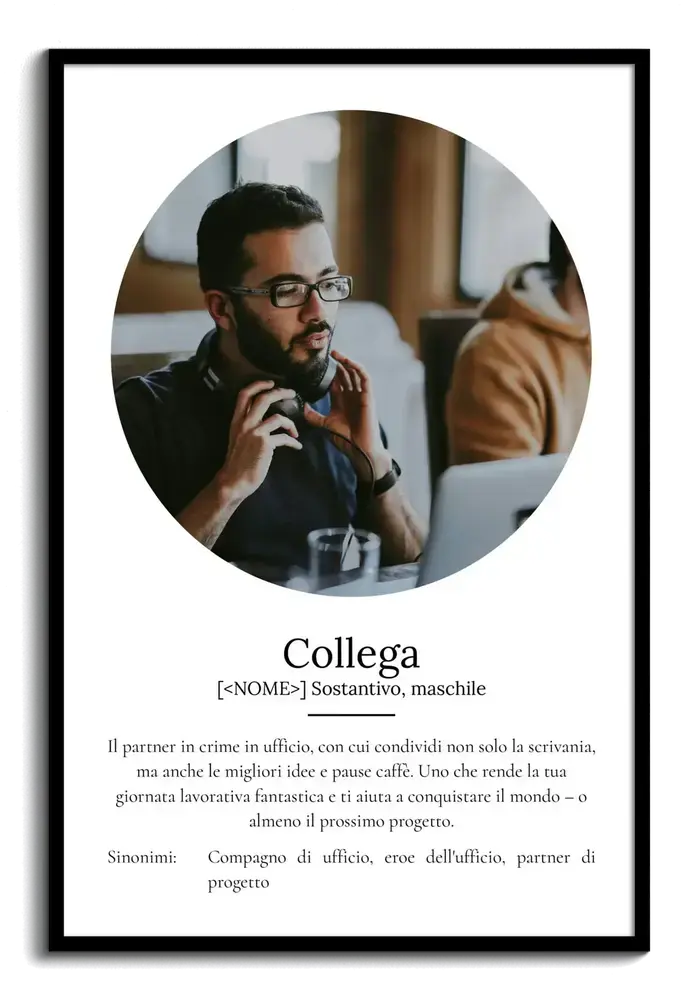 Poster con foto rotonda e definizione in stile dizionario, in cornice nera, idea regalo per un collega
