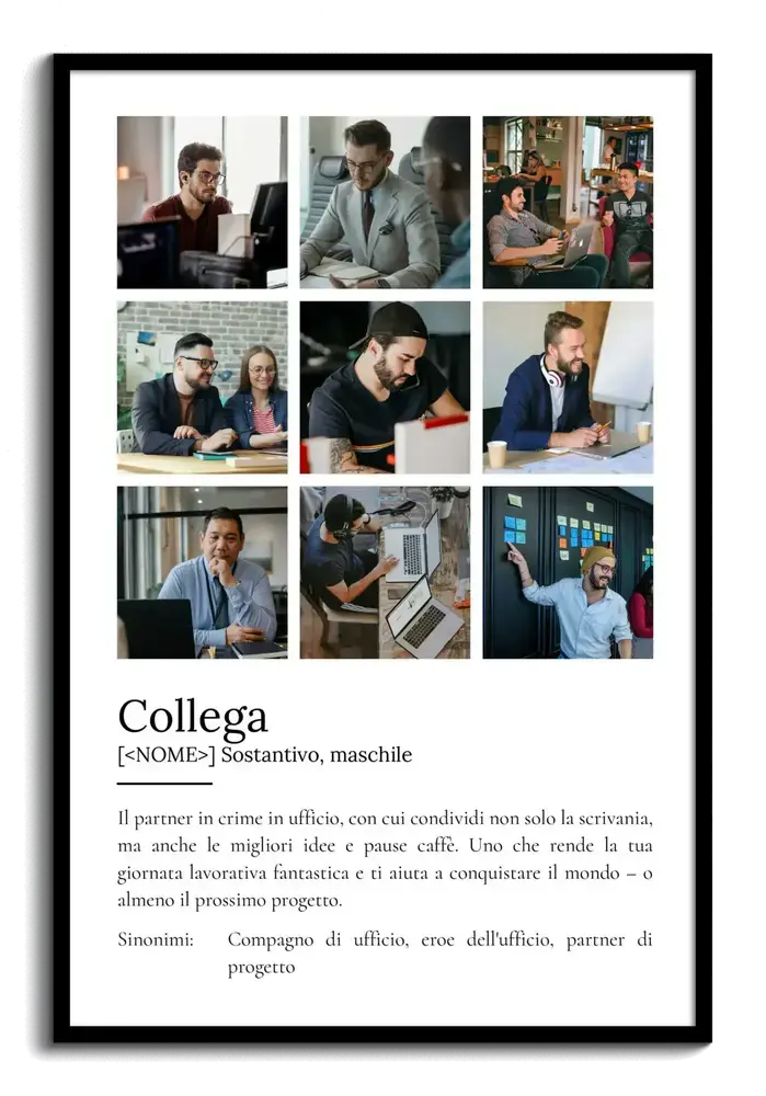 Poster con nove foto e definizione in stile dizionario, in cornice nera, un ricordo da regalare a un collega