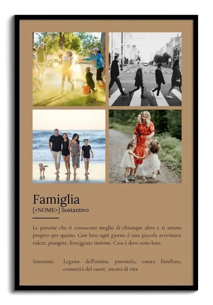 Poster con quattro foto e definizione di famiglia su fondo beige, in cornice nera, regalo per tutta la famiglia