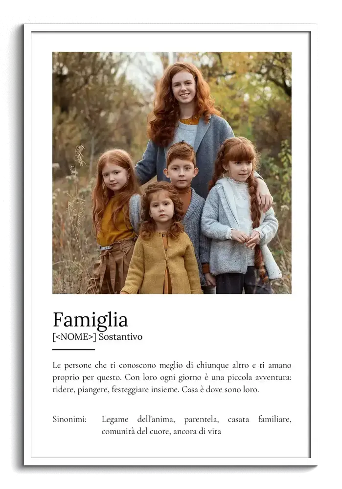 Poster con ritratto e definizione di famiglia in cornice bianca, un'idea regalo personalizzata per i propri cari