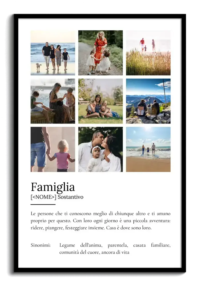 Poster con nove foto e definizione di famiglia in cornice nera, regalo ricordo per tutta la famiglia