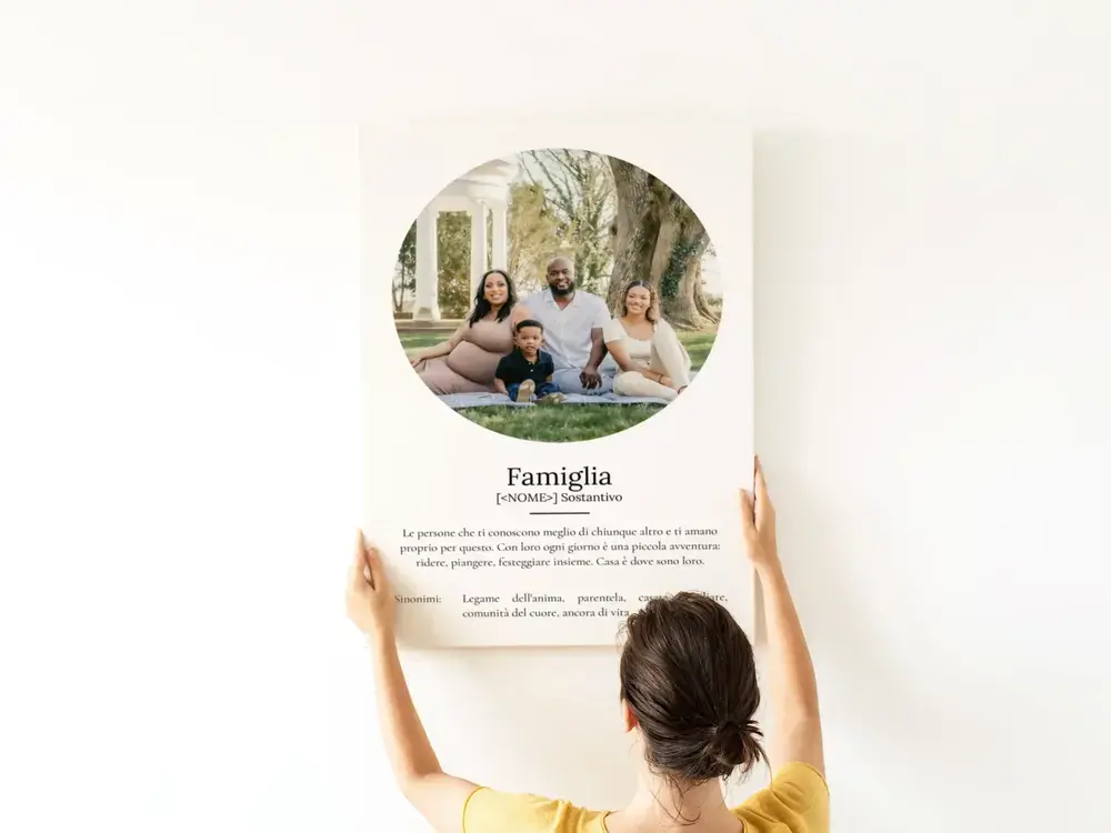 Poster senza cornice con foto di famiglia rotonda e definizione in stile dizionario, su una parete bianca