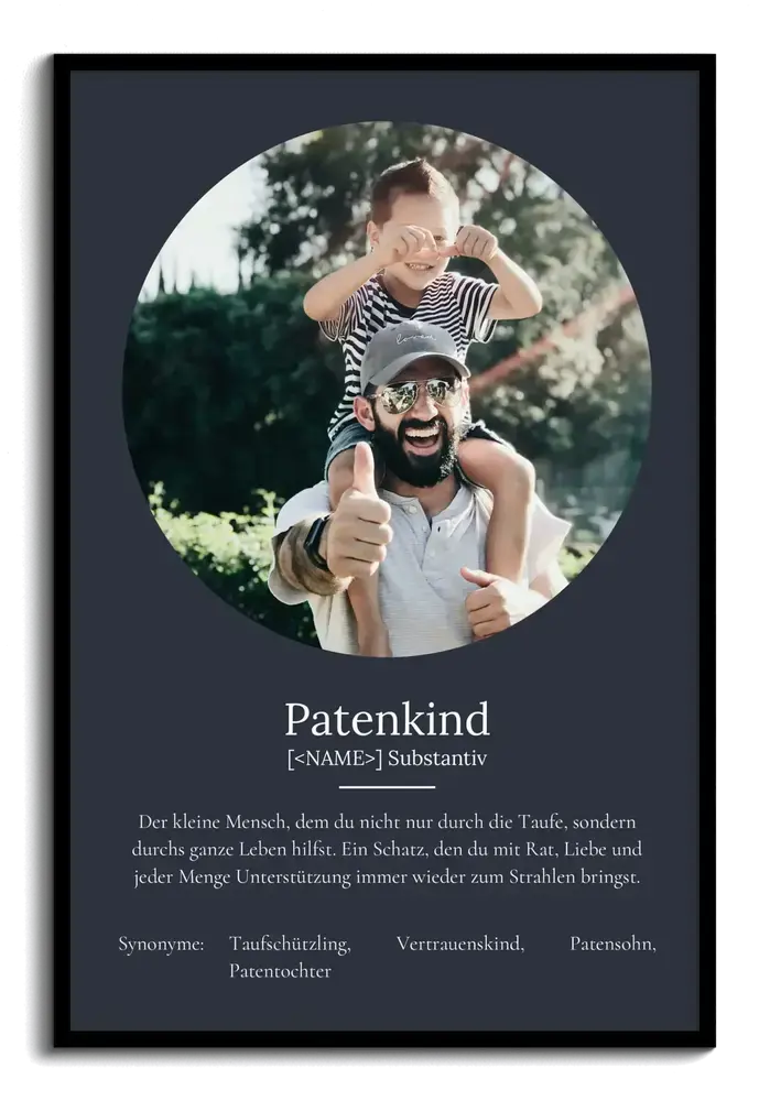 Dunkelblaues Definitionsposter fürs Patenkind mit rundem Foto und weisser Schrift im schwarzen Rahmen