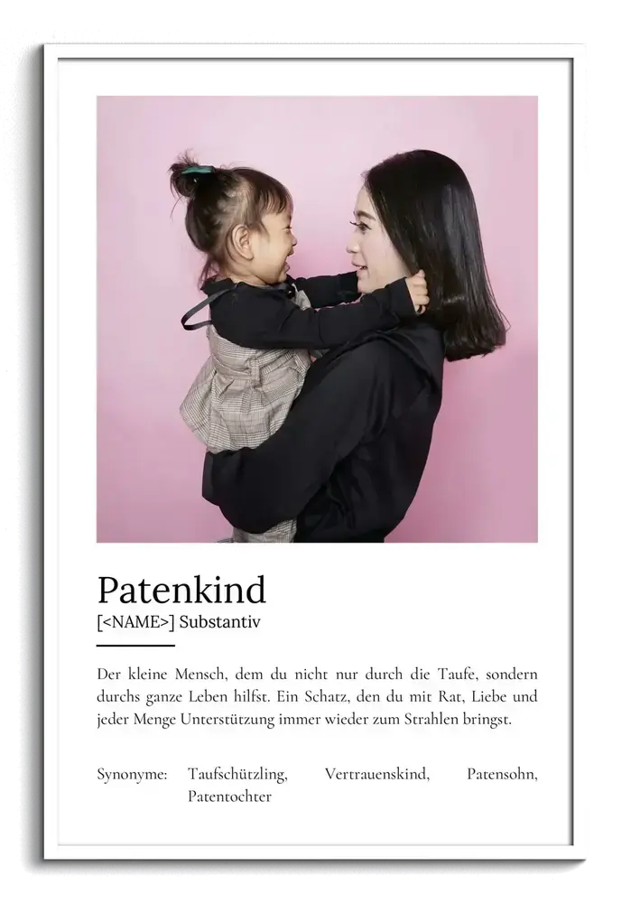 Definitionsposter fürs Patenkind mit grossem Foto vor rosa Hintergrund und Definitionstext im weissen Rahmen