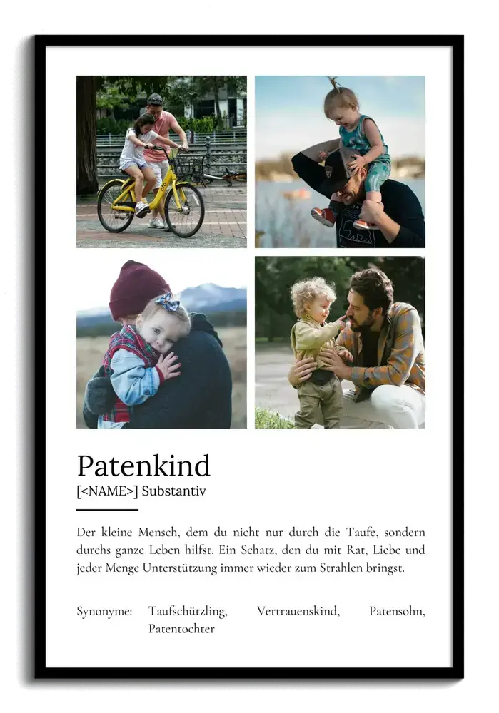 Definitionsposter fürs Patenkind mit vier Fotos im Raster und schwarzem Rahmen als persönliches Taufgeschenk