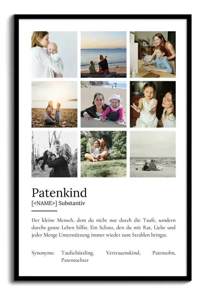 Definitionsposter fürs Patenkind mit neun Fotos als Rastercollage über dem Definitionstext, im schwarzen Rahmen