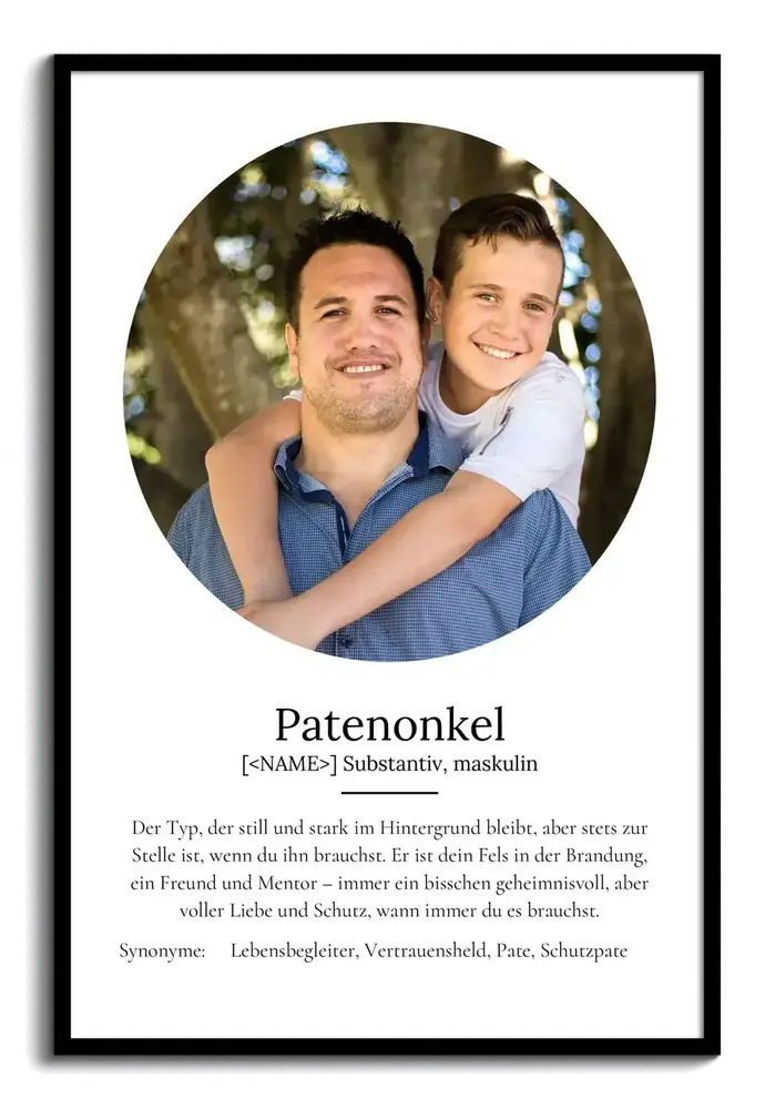 Definitionsposter für den Patenonkel mit rundem Foto und persönlichem Text im schwarzen Rahmen
