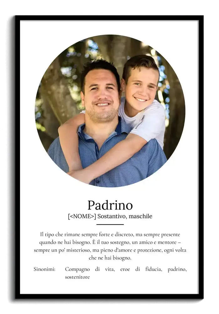 Poster personalizzato per il padrino con foto rotonda e definizione in stile dizionario, in cornice nera