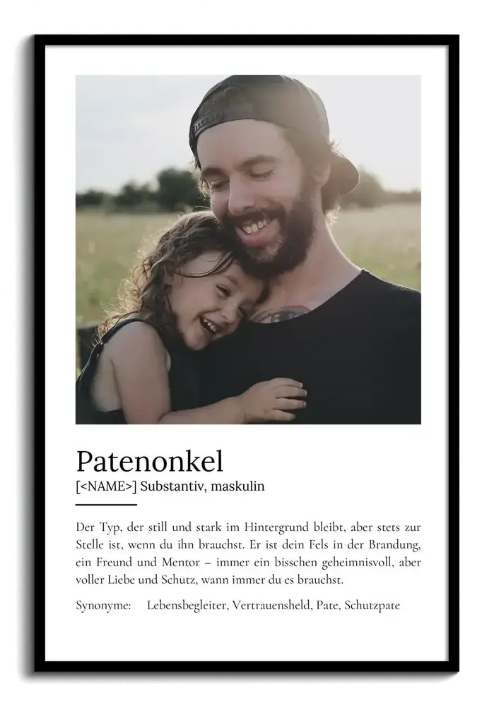 Poster im Wörterbuch-Stil für den Patenonkel mit rechteckigem Foto und individuellem Text, schwarz gerahmt