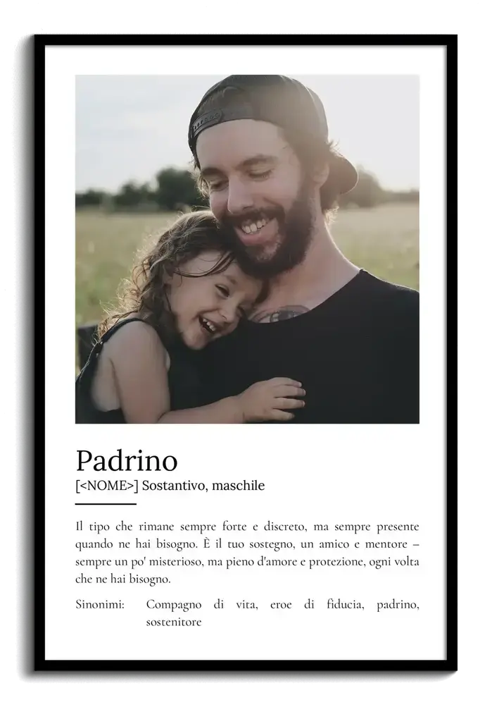 Poster con definizione del padrino e foto rettangolare di un uomo con una bambina, in cornice nera