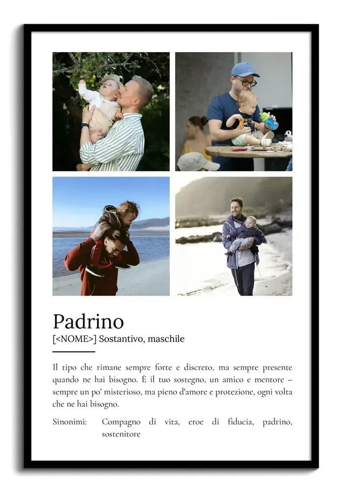 Poster regalo per il padrino con quattro foto e definizione in stile dizionario su fondo bianco, in cornice nera