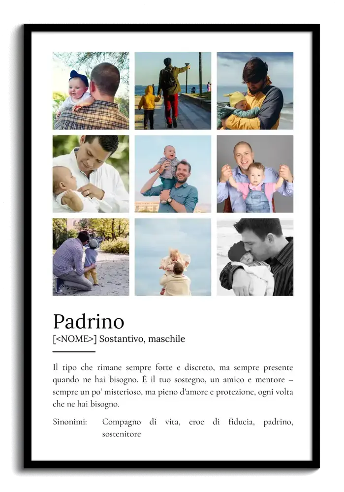Poster personalizzato per il padrino con collage di nove foto e definizione su fondo bianco, in cornice nera