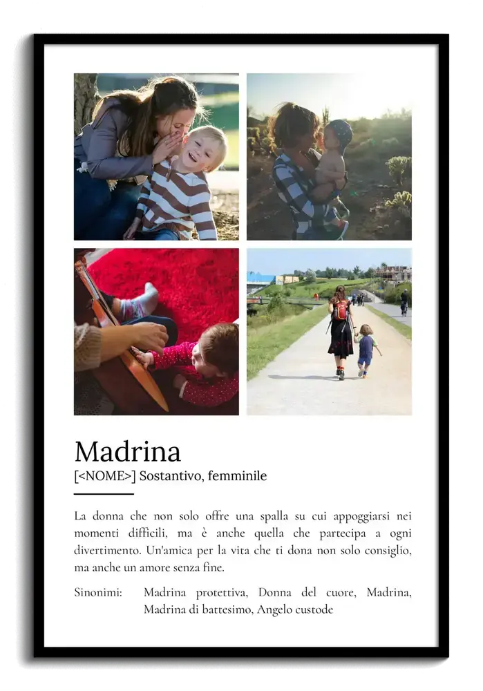 Poster personalizzato per la madrina con quattro foto e definizione in stile dizionario, in cornice nera