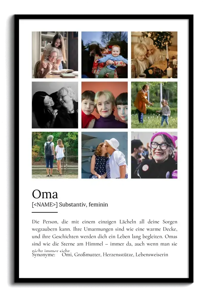 Definitionsposter mit neun Familienfotos im schwarzen Rahmen als persönliches Geschenk für Oma