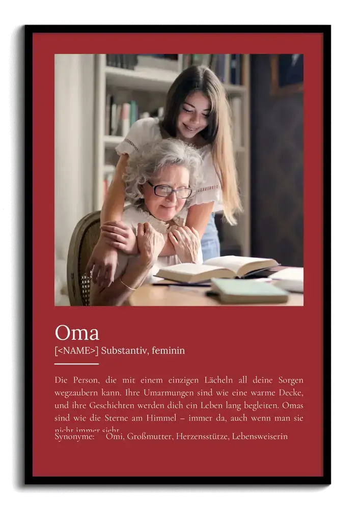 Weinrotes Definitionsposter für Oma mit rechteckigem Foto von Grossmutter und Enkelin im schwarzen Rahmen