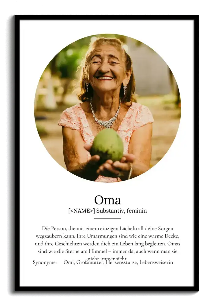 Definitionsposter für Oma mit rundem Porträt über persönlichem Text auf weissem Grund im schwarzen Rahmen