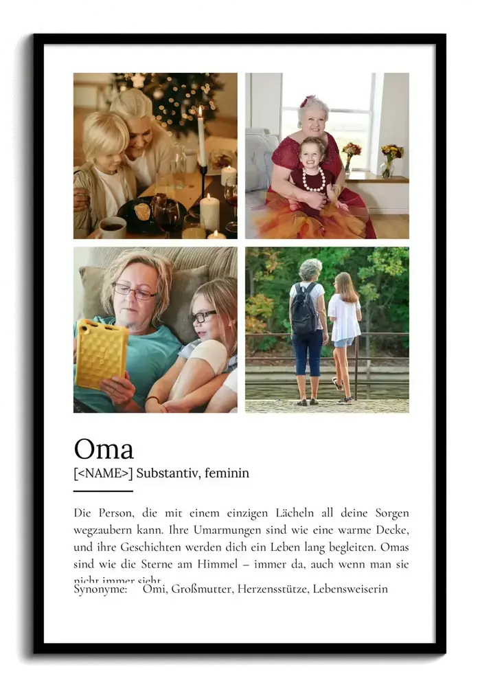 Oma-Definitionsposter mit vier Familienfotos und Wörterbuch-Layout auf weissem Grund im schwarzen Rahmen