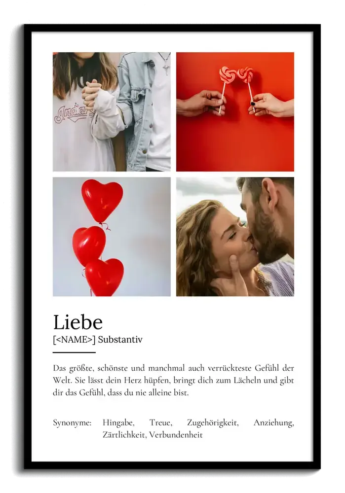 Definitionsposter zur Liebe im schwarzen Rahmen mit vier Fotos von Paaren und roten Herzmotiven