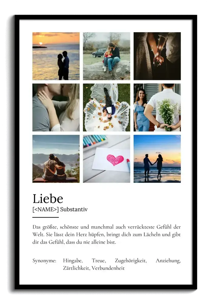 Schwarz gerahmtes Definitionsposter zur Liebe mit neun romantischen Fotos im Raster und Text auf weissem Grund