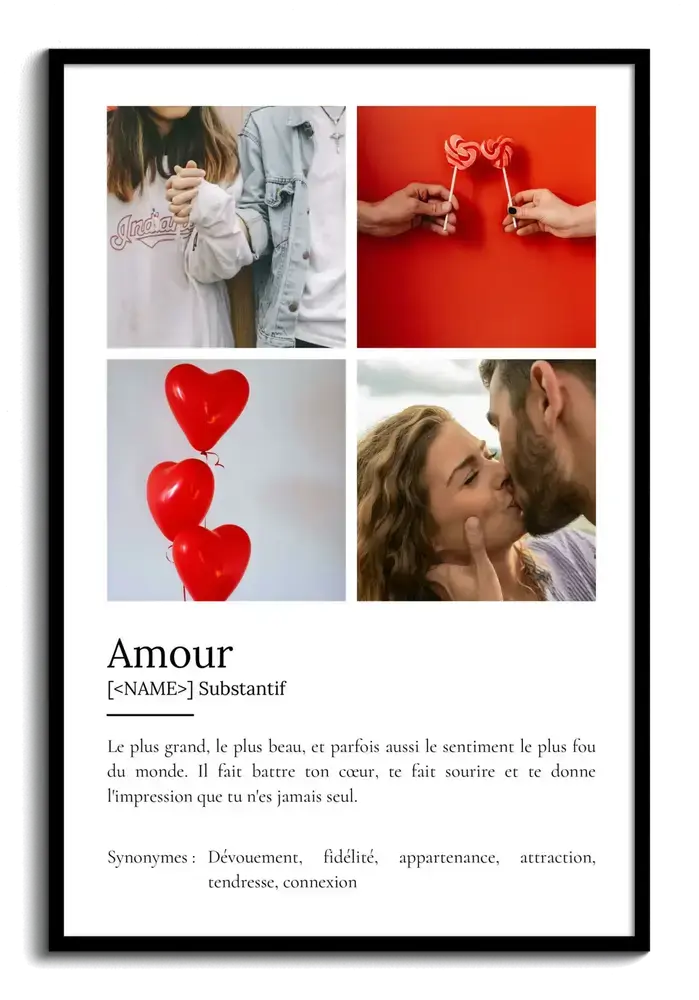 Affiche façon dictionnaire dans un cadre noir, avec quatre photos de couple et de cœurs au-dessus de la définition